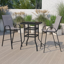 Load image into Gallery viewer, Dining Set - 2-Person Bistro Set - Brazos Glass Bar Table with Gray Patio Stools
