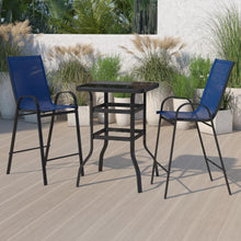 Load image into Gallery viewer, Dining Set - 2-Person Bistro Set - Brazos Glass Bar Table with Navy Patio Stools
