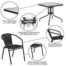 Load image into Gallery viewer, 28'' Glass Metal Table with Black Rattan Edging and 4 Black Rattan Stack Chairs
