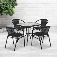 Load image into Gallery viewer, 28'' Glass Metal Table with Black Rattan Edging and 4 Black Rattan Stack Chairs
