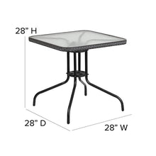 Load image into Gallery viewer, 28'' Glass Metal Table with Gray Rattan Edging and 2 Gray Rattan Stack Chairs
