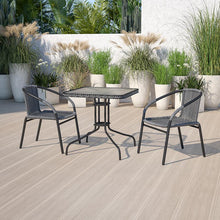 Load image into Gallery viewer, 28'' Glass Metal Table with Gray Rattan Edging and 2 Gray Rattan Stack Chairs
