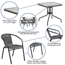 Load image into Gallery viewer, 28'' Glass Metal Table with Gray Rattan Edging and 4 Gray Rattan Stack Chairs
