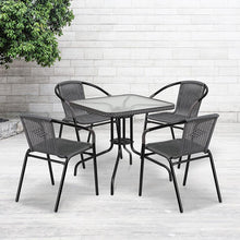 Load image into Gallery viewer, 28'' Glass Metal Table with Gray Rattan Edging and 4 Gray Rattan Stack Chairs
