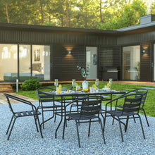Load image into Gallery viewer, 7 Piece Set - 55" Tempered Glass Patio Table, 6 Black Metal Chairs
