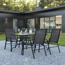 Load image into Gallery viewer, 5 Piece Set - 55" Tempered Glass Patio Table, 4 Black Stack Chairs
