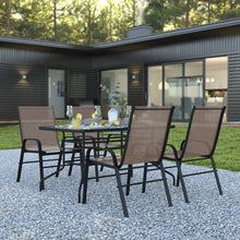 Load image into Gallery viewer, 5 Piece Set - 55" Tempered Glass Patio Table, 4 Brown Stack Chairs
