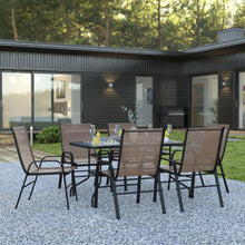Load image into Gallery viewer, 7 Piece Set - 55" Tempered Glass Patio Table, 6 Brown Stack Chairs
