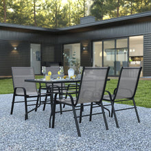 Load image into Gallery viewer, 5 Piece Set - 55" Tempered Glass Patio Table, 4 Gray Stack Chairs
