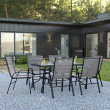 Load image into Gallery viewer, 7 Piece Set - 55" Tempered Glass Patio Table, 6 Gray Stack Chairs
