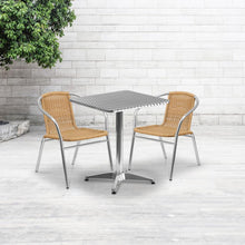 Load image into Gallery viewer, 23.5'' Square Aluminum Indoor-Outdoor Table Set with 2 Beige Rattan Chairs
