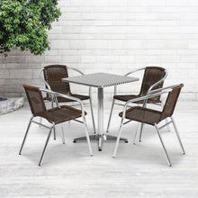 Load image into Gallery viewer, 23.5'' Square Aluminum Indoor-Outdoor Table Set with 4 Dark Brown Rattan Chairs
