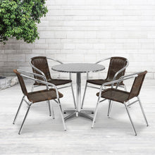Load image into Gallery viewer, 27.5'' Round Aluminum Indoor-Outdoor Table Set with 4 Dark Brown Rattan Chairs
