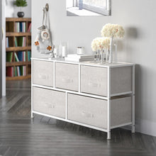 Load image into Gallery viewer, 5 Drawer Wood Top WhiteFrame Vertical Storage Dresser with Light Gray Drawers
