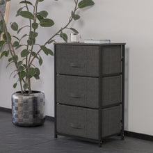 Load image into Gallery viewer, 3 Drawer Wood Top BlackFrame Vertical Storage Dresser with Dark Gray Drawers
