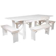 Load image into Gallery viewer, 7' x 40" Antique Rustic White Folding Farm Table and Four Bench Set
