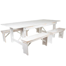Load image into Gallery viewer, 8' x 40" Antique Rustic White Folding Farm Table and Four 40.25"L Bench Set
