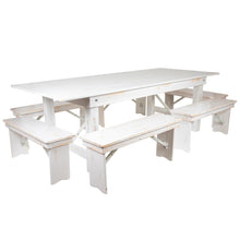 Load image into Gallery viewer, 8' x 40" Antique Rustic White Folding Farm Table and Six Bench Set
