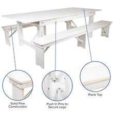 Load image into Gallery viewer, 8' x 40" Antique Rustic White Folding Farm Table and Two Bench Set

