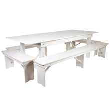 Load image into Gallery viewer, 8' x 40" Antique Rustic White Folding Farm Table and Four Bench Set
