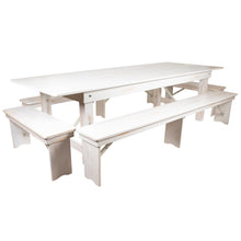Load image into Gallery viewer, 9' x 40" Antique Rustic White Folding Farm Table and Four Bench Set
