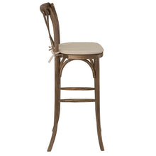 Load image into Gallery viewer, Dark Antique Wood Cross Back Barstool with Cushion
