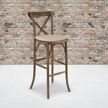 Load image into Gallery viewer, Dark Antique Wood Cross Back Barstool with Cushion
