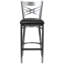 Load image into Gallery viewer, Clear Coated ''X'' Back Metal Restaurant Barstool - Black Vinyl Seat
