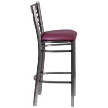 Load image into Gallery viewer, Clear Coated ''X'' Back Metal Restaurant Barstool - Burgundy Vinyl Seat
