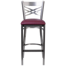 Load image into Gallery viewer, Clear Coated ''X'' Back Metal Restaurant Barstool - Burgundy Vinyl Seat
