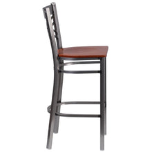 Load image into Gallery viewer, Clear Coated ''X'' Back Metal Restaurant Barstool - Cherry Wood Seat
