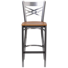 Load image into Gallery viewer, Clear Coated ''X'' Back Metal Restaurant Barstool - Natural Wood Seat
