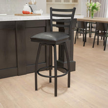 Load image into Gallery viewer, Black Ladder Back Swivel Metal Barstool - Black Vinyl Seat
