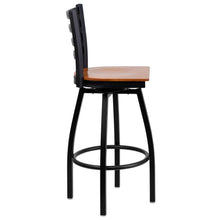 Load image into Gallery viewer, Black Ladder Back Swivel Metal Barstool - Cherry Wood Seat
