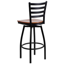 Load image into Gallery viewer, Black Ladder Back Swivel Metal Barstool - Cherry Wood Seat
