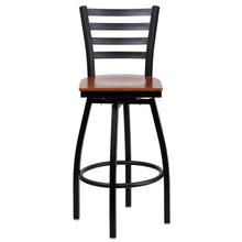 Load image into Gallery viewer, Black Ladder Back Swivel Metal Barstool - Cherry Wood Seat
