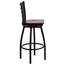 Load image into Gallery viewer, Black Ladder Back Swivel Metal Barstool - Mahogany Wood Seat
