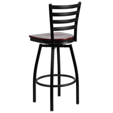 Load image into Gallery viewer, Black Ladder Back Swivel Metal Barstool - Mahogany Wood Seat
