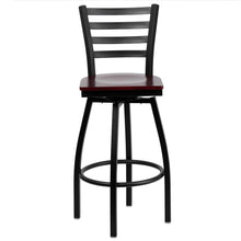 Load image into Gallery viewer, Black Ladder Back Swivel Metal Barstool - Mahogany Wood Seat
