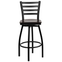 Load image into Gallery viewer, Black Ladder Back Swivel Metal Barstool - Walnut Wood Seat
