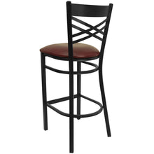 Load image into Gallery viewer, Black ''X'' Back Metal Restaurant Barstool - Burgundy Vinyl Seat

