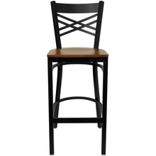 Load image into Gallery viewer, Black ''X'' Back Metal Restaurant Barstool - Cherry Wood Seat
