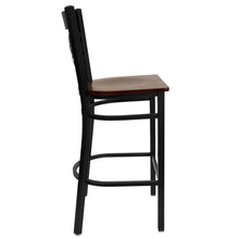 Load image into Gallery viewer, Black ''X'' Back Metal Restaurant Barstool - Mahogany Wood Seat
