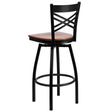 Load image into Gallery viewer, Black ''X'' Back Swivel Metal Barstool - Cherry Wood Seat
