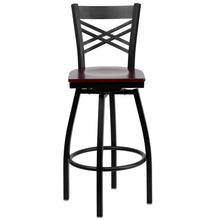 Load image into Gallery viewer, Black ''X'' Back Swivel Metal Barstool - Mahogany Wood Seat
