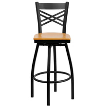 Load image into Gallery viewer, Black ''X'' Back Swivel Metal Barstool - Natural Wood Seat
