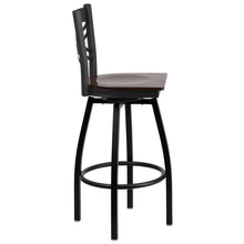 Load image into Gallery viewer, Black ''X'' Back Swivel Metal Barstool - Walnut Wood Seat
