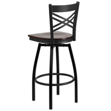 Load image into Gallery viewer, Black ''X'' Back Swivel Metal Barstool - Walnut Wood Seat
