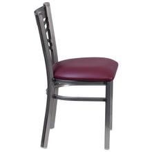 Load image into Gallery viewer, Clear Coated ''X'' Back Metal Restaurant Chair - Burgundy Vinyl Seat
