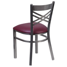 Load image into Gallery viewer, Clear Coated ''X'' Back Metal Restaurant Chair - Burgundy Vinyl Seat
